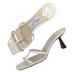 Jimmy Choo Ria 65 square toe mule slide strappy sandal cream black patent 37.5